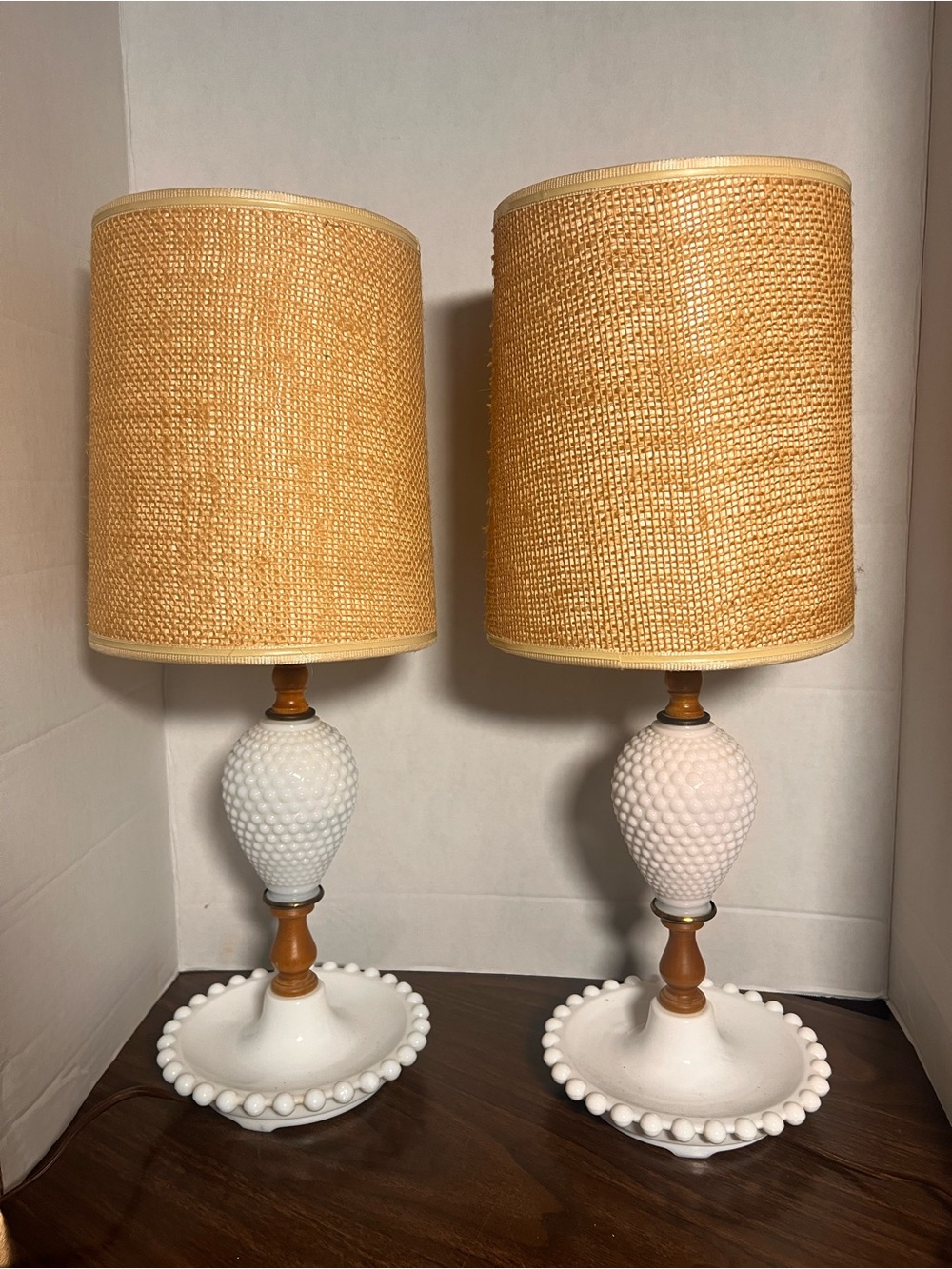 Vintage White Hobnail Milk Glass Table Lamps with Woven Beige Shades